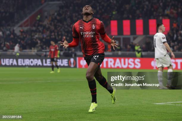 Rafael Leao of AC Milan celebrates after scoring to give the side a 3-0 lead during the UEFA Europa League 2023/24 Knockout Round Play-offs First Leg...