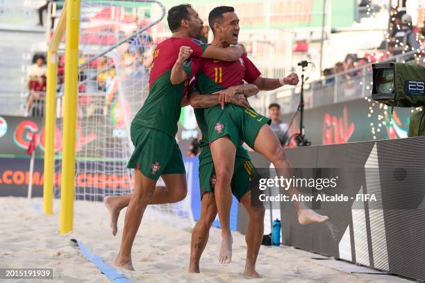 Leo Martins of Portugal celebrates their third side goal during the FIFA Beach Soccer World Cup UAE 2024 Group D match between Portugal and Mexico at...