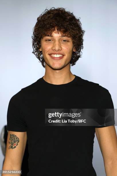 Bobby Brazier attends the Sinead O'Dwyer show during London Fashion Week February 2024 at the BFC NEWGEN Show Space on February 16, 2024 in London,...