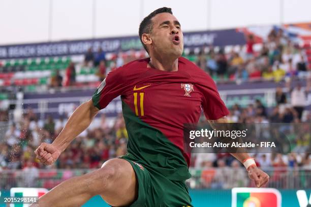 Leo Martins of Portugal celebrates their seventh side goal during the FIFA Beach Soccer World Cup UAE 2024 Group D match between Portugal and Mexico...