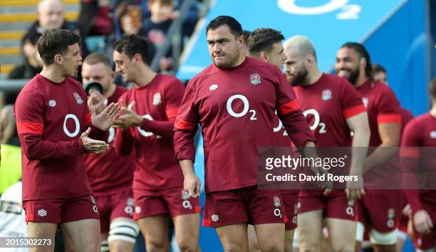 Jamie George, the England captain leads his team onto the pitch during the England Open training session held at Twickenham Stadium on February 16,...