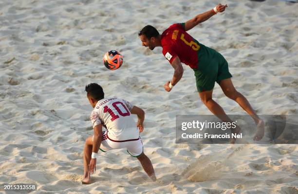 Jordan of Portugal competes for the ball with Jose Vizcarra of Mexico during the FIFA Beach Soccer World Cup UAE 2024 Group D match between Portugal...