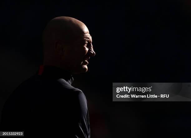 Steve Borthwick, England Head Coach looks on during an England rugby open training session at Twickenham Stadium on February 16, 2024 in London,...