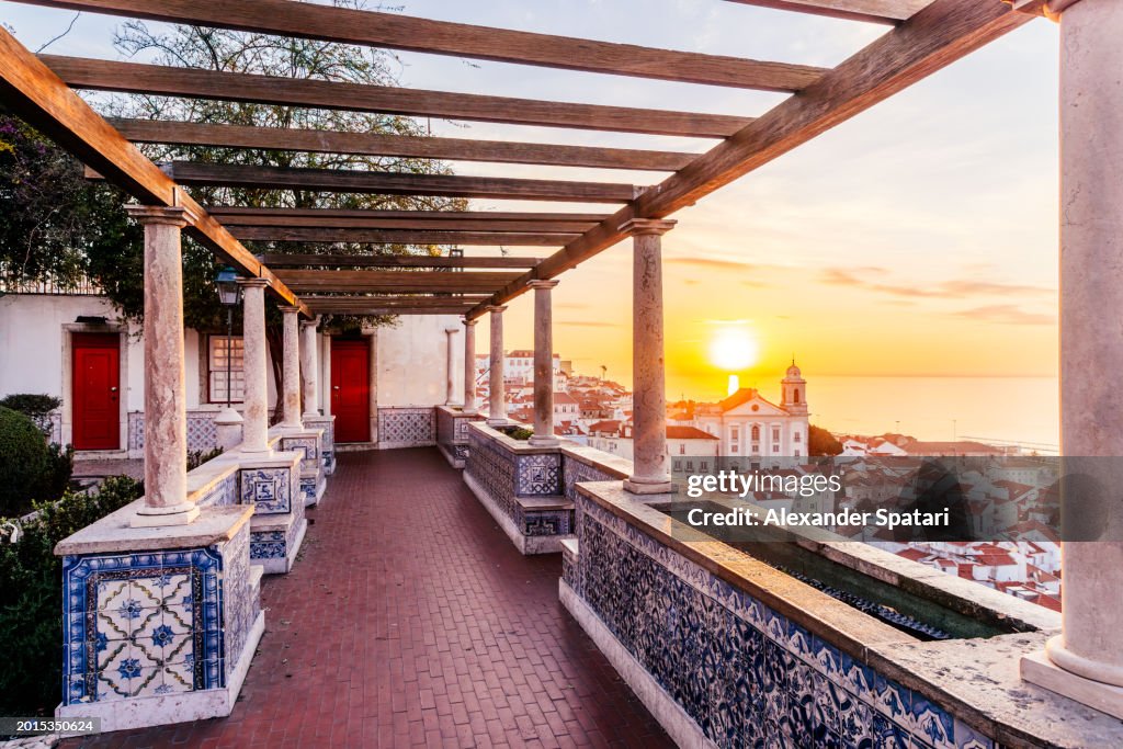 Miradouro de Santa Luzia and Alfama district at sunrise, Lisbon, Portugal