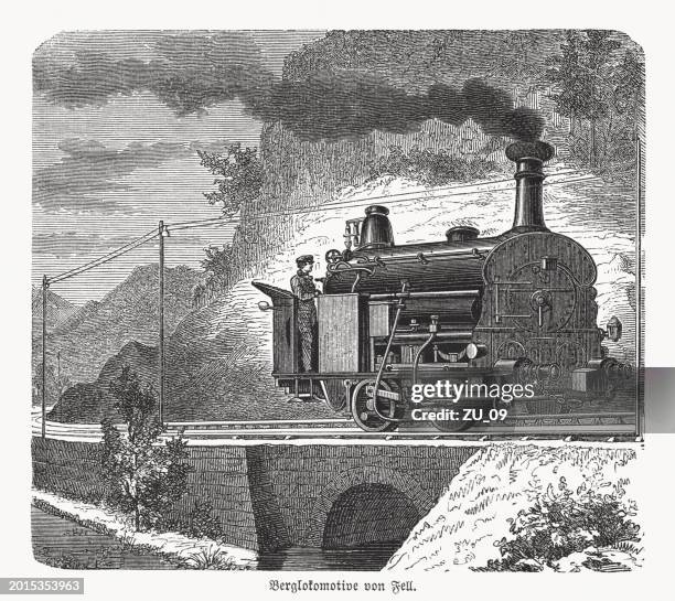 mountain locomotive by john barraclough fell, wood engraving, published 1869 - history and progress of the steam engine stock illustrations