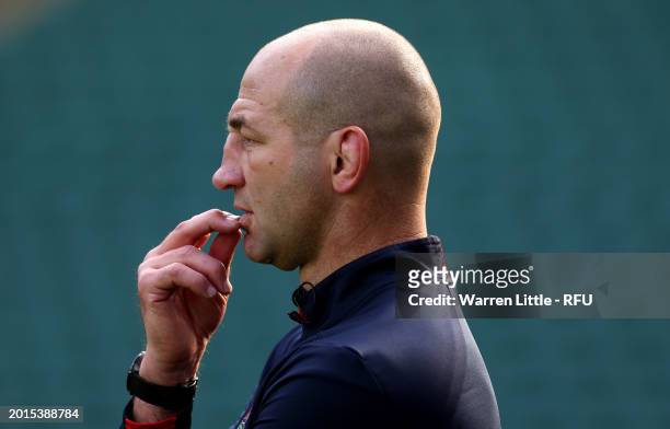Steve Borthwick, England Head Coach looks on during an England rugby open training session at Twickenham Stadium on February 16, 2024 in London,...