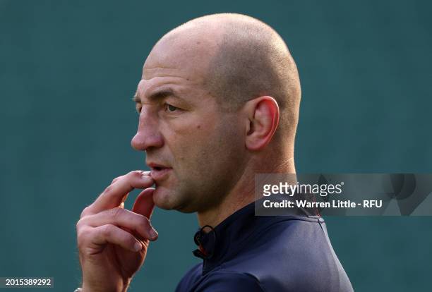 Steve Borthwick, England Head Coach looks on during an England rugby open training session at Twickenham Stadium on February 16, 2024 in London,...
