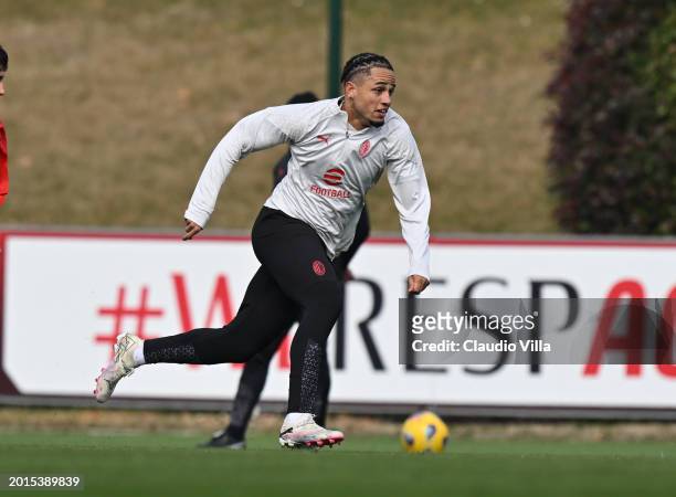 Noah Okafor of AC Milan in action during a AC Milan training session at Milanello on February 16, 2024 in Cairate, Italy.