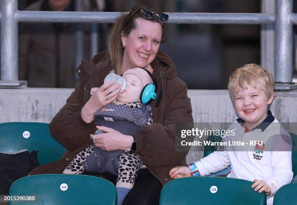 Fans watch an England rugby open training session at Twickenham Stadium on February 16, 2024 in London, England.