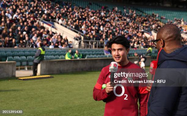 Marcus Smith of England addresses the fans during an England rugby open training session at Twickenham Stadium on February 16, 2024 in London,...