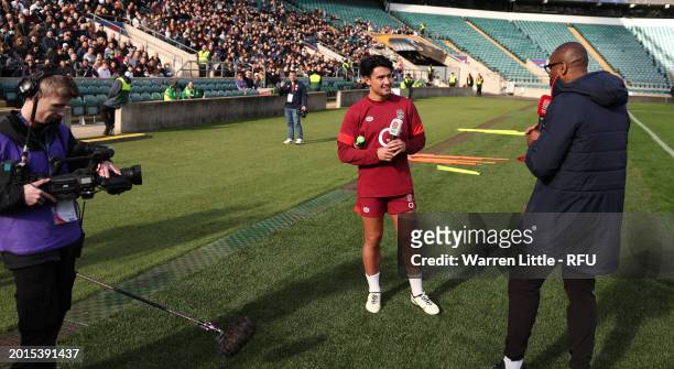 Marcus Smith of England addresses the fans during an England rugby open training session at Twickenham Stadium on February 16, 2024 in London,...