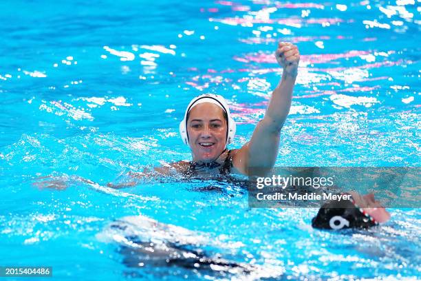 Maggie Steffens of Team United States celebrates a point in the Women's Water Polo Gold Medal Match between Team United States and Team Hungary on...