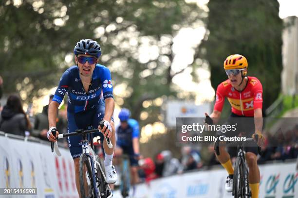 Lenny Martinez of France and Team Groupama-FDJ celebrates at finish line as race winner ahead of Tobias Halland Johannessen of Norway and Team Uno-X...