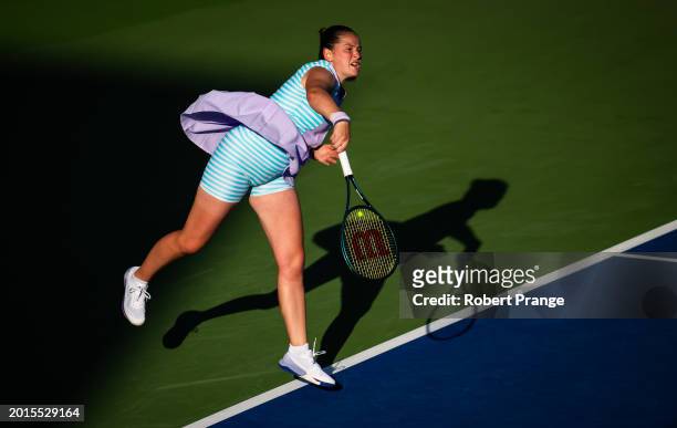 Jelena Ostapenko of Latvia in action against Xiyu Wang of China in the first round on Day 2 of the Dubai Duty Free Tennis Championships, part of the...