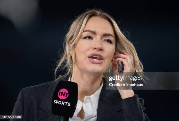 Sports Presenter Laura Woods prior to the Premier League match between Manchester City and Burnley FC at Etihad Stadium on January 31, 2024 in...