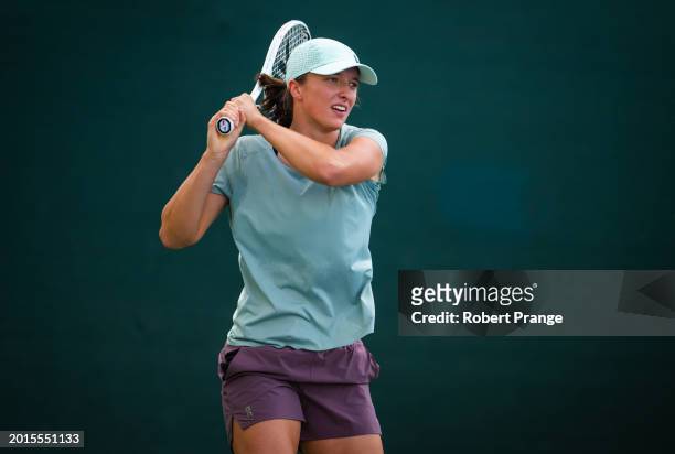 Iga Swiatek of Poland during practice on Day 2 of the Dubai Duty Free Tennis Championships, part of the Hologic WTA Tour at Dubai Duty Free Tennis...