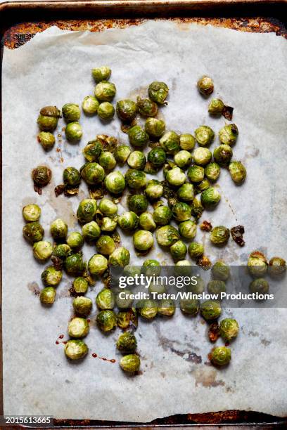overhead view of baked brussel sprouts on baking paper - backblech stock-fotos und bilder
