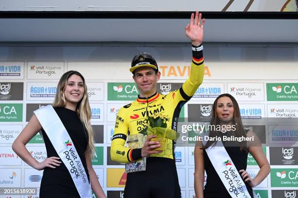 Wout Van Aert of Belgium and Team Visma | Lease a Bike celebrates at podium as stage winner during the 50th Volta ao Algarve em Bicicleta 2024, Stage...