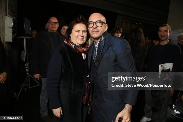 Backstage at the Antonio Marras show during Milan Fashion Week Autumn/Winter 2016/17, designer Antonio Marras with friend, in Milan, Italy, on 27th...