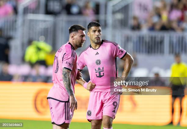 Lionel Messi and Luis Suarez of Inter Miami CF during a preseason game against Newell's Old Boys at the DRV PNK Stadium on February 15th, 2024 in...
