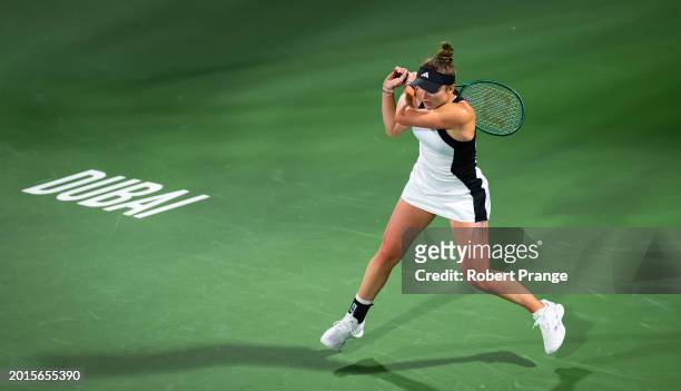 Elina Svitolina of Ukraine in action against Anhelina Kalinina of Ukraine in the first round on Day 2 of the Dubai Duty Free Tennis Championships,...