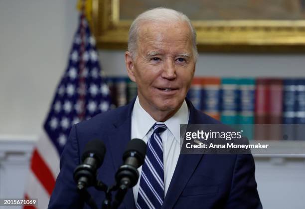 President Joe Biden delivers remarks on the reported death of Alexei Navalny from the Roosevelt Room of the White House on February 16, 2024 in...