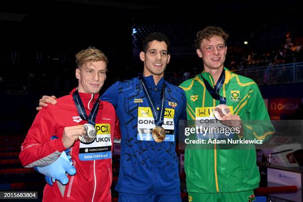 Silver Medalist, Roman Mityukov of Team Switzerland, Gold Medalist, Hugo Gonzalez of Team Spain and Bronze Medalist, Pieter Coetze of Team South...