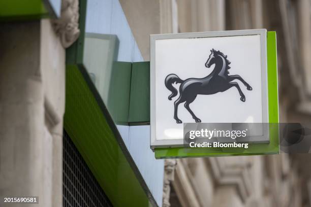 Sign outside a Lloyds Banking Group Plc bank branch in London, UK, on Monday, Feb. 19, 2024. UK banks will be in the spotlight this week as Europe's...