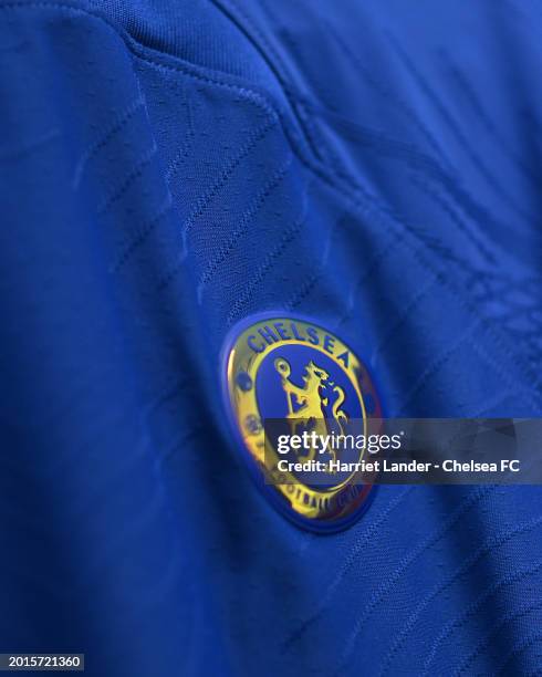 Detailed view of the Chelsea badge is seen inside the dressing room prior to the Barclays Women´s Super League match between Chelsea FC and...