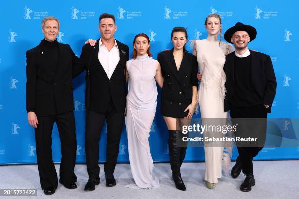 Jan Bluthardt, Marton Csokas, Greta Fernández, Jessica Henwick, Hunter Schafer and Tilman Singer pose at the "Cuckoo" photocall during the 74th...