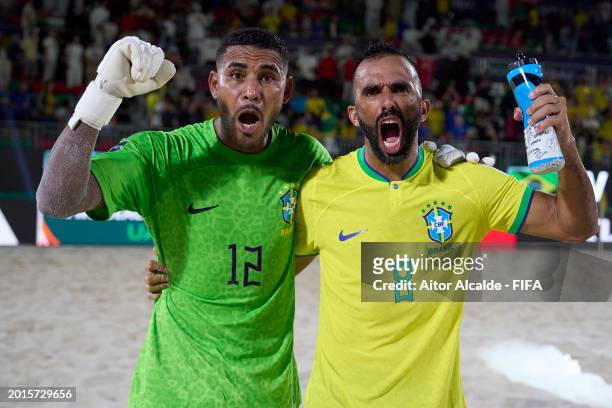 Tiago Bobo and Bruno Xavier of Brazil celebrates after winning during the FIFA Beach Soccer World Cup UAE 2024 Group D match between Brazil and Oman...