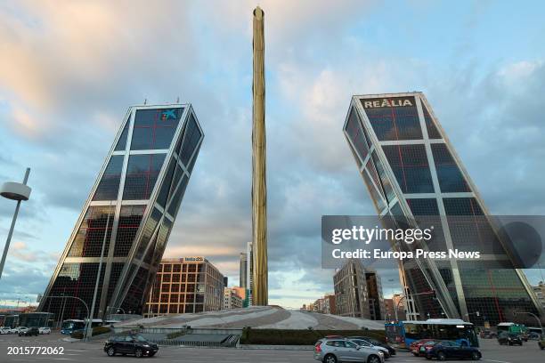 View of the Calatrava Obelisk, in the Plaza de Castilla, on 16 February, 2024 in Madrid, Spain. The Calatrava Obelisk is a monument designed by...