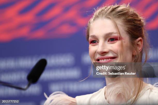 Hunter Schafer speaks at the "Cuckoo" press conference during the 74th Berlinale International Film Festival Berlin at Grand Hyatt Hotel on February...