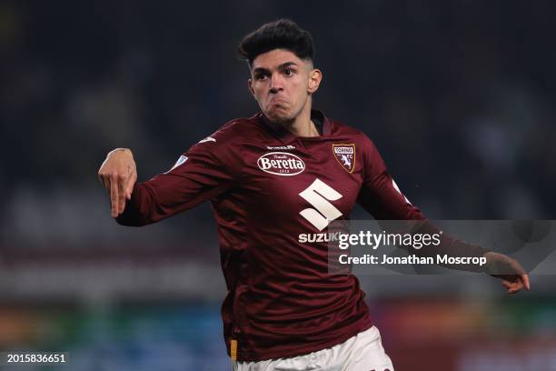 Raoul Bellanova of Torino FC celebrates after scoring to give the side a 1-0 lead during the Serie A TIM match between Torino FC and US Lecce - Serie...