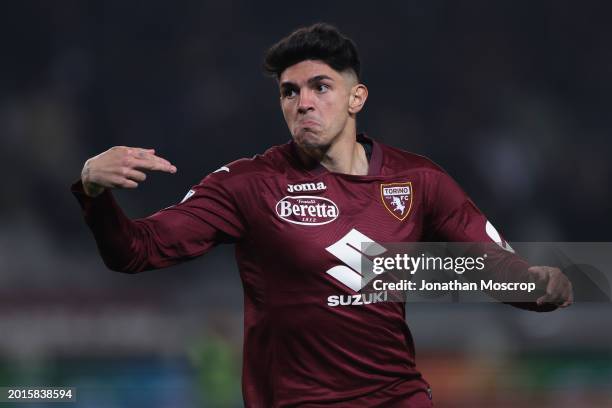 Raoul Bellanova of Torino FC celebrates after scoring to give the side a 1-0 lead during the Serie A TIM match between Torino FC and US Lecce - Serie...