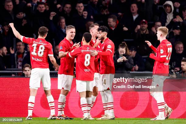 Luuk de Jong of PSV Eindhoven scores the 1-0 celebrating his goal with teammates during the Dutch Eredivisie match between PSV Eindhoven and Heracles...