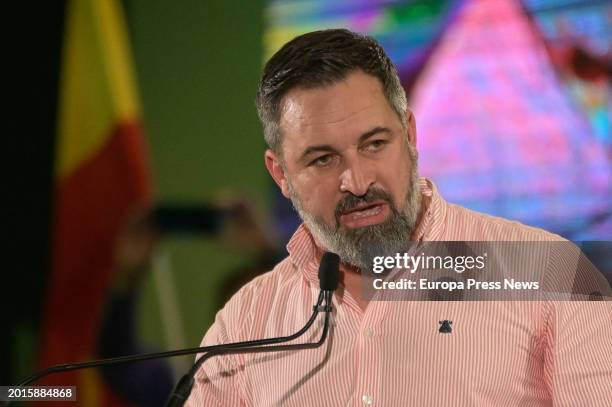 The leader of Vox, Santiago Abascal, speaks during the closing of the electoral campaign of Vox, at the Hotel Attica21, on 16 February, 2024 in...