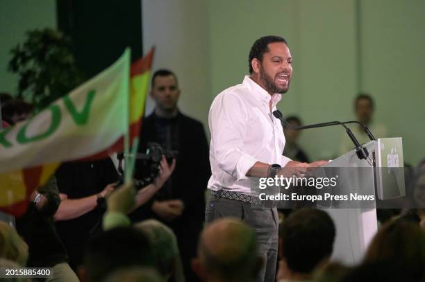 The secretary general of Vox, Ignacio Garriga, speaks during the closing of the electoral campaign of Vox, at the Hotel Attica21, on 16 February,...