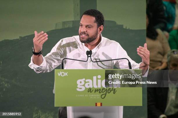 The secretary general of Vox, Ignacio Garriga, speaks during the closing of the electoral campaign of Vox, at the Hotel Attica21, on 16 February,...