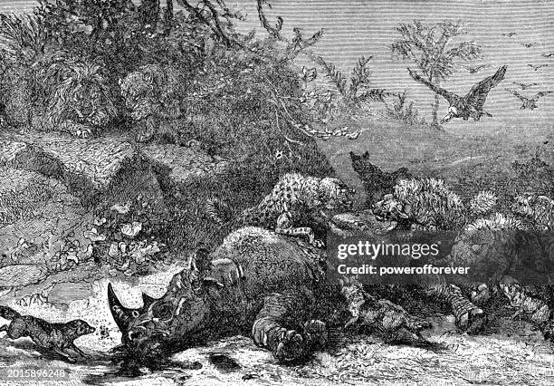 Lions Hyenas Jackals And Vultures Feeding On A White Rhinoceros Carcass In Africa 19th Century High-Res Vector Graphic