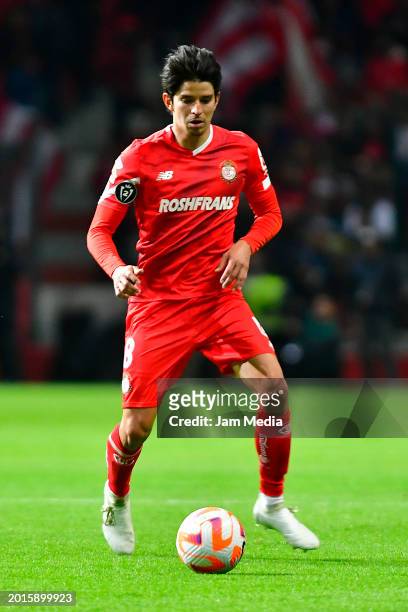 Carlos Orrantia of Toluca controls the ball during the second leg of the CONCACAF Champions League game at Nemesio Diez Stadium on February 15, 2024...