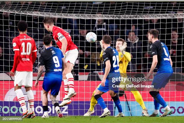 Luuk de Jong of PSV Eindhoven scores the 1-0 during the Dutch Eredivisie match between PSV Eindhoven and Heracles Almelo at Philips Stadion on...