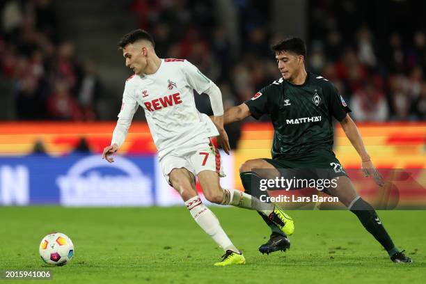 Dejan Ljubicic of 1.FC Köln and Julian Malatini of SV Werder Bremen look to the ball during the Bundesliga match between 1. FC Köln and SV Werder...