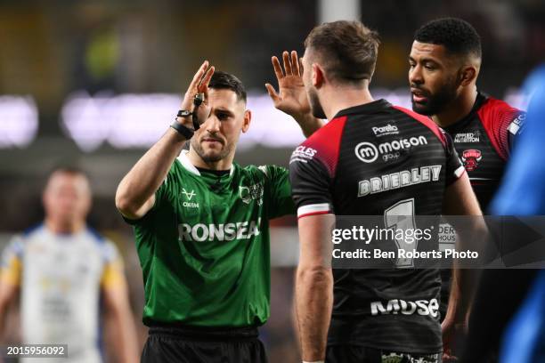 Ryan Brierley of Salford Red Devils is told by the official to sit out for 10 minutes during the Betfred Super League match between Leeds Rhinos and...