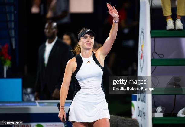 Elina Svitolina of Ukraine celebrates defeating Anhelina Kalinina of Ukraine in the first round on Day 2 of the Dubai Duty Free Tennis Championships,...