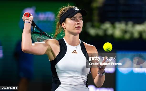 Elina Svitolina of Ukraine in action against Anhelina Kalinina of Ukraine in the first round on Day 2 of the Dubai Duty Free Tennis Championships,...