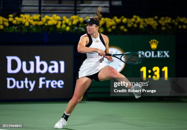 Elina Svitolina of Ukraine in action against Anhelina Kalinina of Ukraine in the first round on Day 2 of the Dubai Duty Free Tennis Championships,...