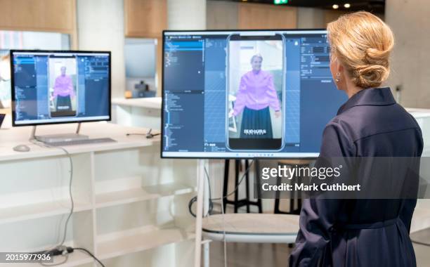 Sophie, Duchess of Edinburgh, Patron, tries out the virtual try on technology during a visit to The London College of Fashion on February 19, 2024 in...