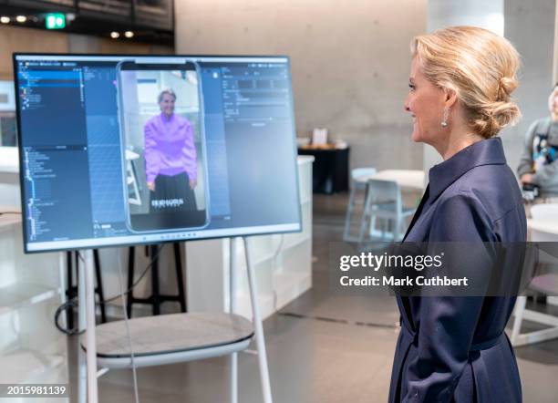 Sophie, Duchess of Edinburgh, Patron, tries out the virtual try on technology during a visit to The London College of Fashion on February 19, 2024 in...