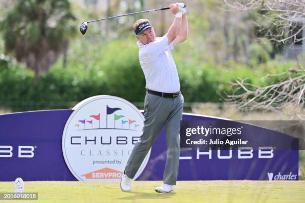 Paul Broadhurst of England plays his shot on the 13th tee during the first round of the Chubb Classic at Tiburon Golf Club on February 16, 2024 in...